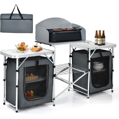 GOPLUS Cuisine Camping Exterieur,Table Placard Pliable de Camping avec Sac de Transport, Pliante avec Étagère de Rangement, Pare-Vent, Station de Cuisson Portable pour Barbecue