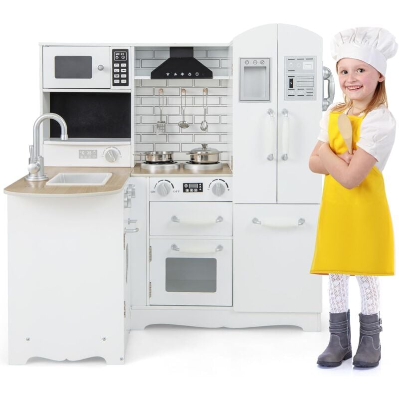 Cuisine Enfant à Bois, Jouet de Cuisine avec Réfrigérateur, évier, Micro-ondes, Cuisinière, Ustensiles de Cuisine, Blanc - Goplus