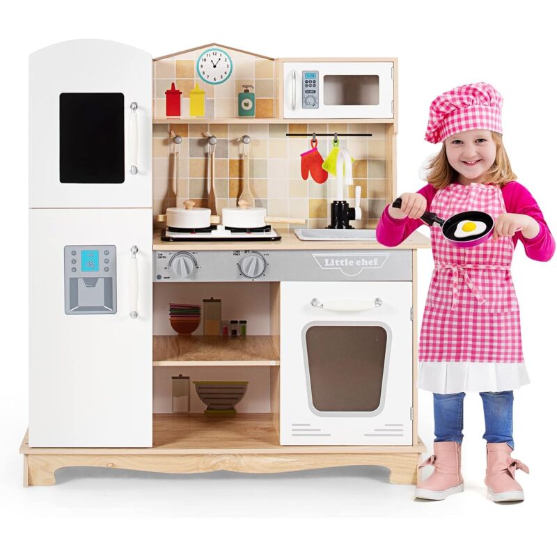 Cuisine Enfants 3-7 Ans en Bois, Jeu de Cuisine avec Évier & Four & Plaque de Cuisson & Réfrigérateur, Sonores et Lumière - Goplus