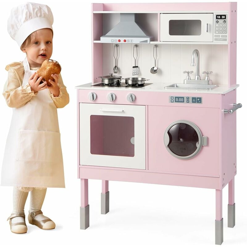 Cuisine Enfants avec Sonore Réaliste, avec étagères de Rangement, Porte-épices et Porte-Plats,Horloge Mignonne, Petit Rose - Goplus