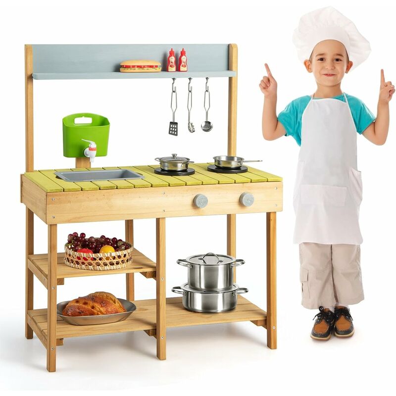Cuisine pour Enfants, avec étagères de Rangement, Réservoir d'eau, Robinet & évier Amovible, Accessoires Inclus, pour 3 Ans+ - Goplus