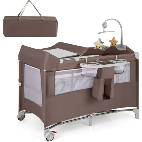 GOPLUS Culla 5 in 1 con Fasciatoio, Palestrina, Scatola Musicale, Giochi, da Viaggio per Bambini, Lettino Portatile con Borsa da Trasporto per Neonati e Bambini (Marrone)