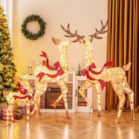 GOPLUS Decorations Noel Exterieur avec 440 LED et Nœuds,Ensemble de Rennes de Noël Éclairés, Cerf, Biche et Faon, Deco Noel Lumineuses