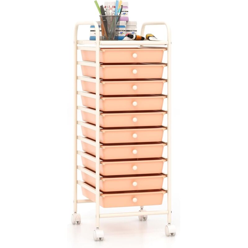 GOPLUS Desserte à Roulettes avec 10 Tiroirs Extractibles en Plastique, 37x33x86CM, Chariot de Rangement à Roulettes Verrouillables, pour Chambre,