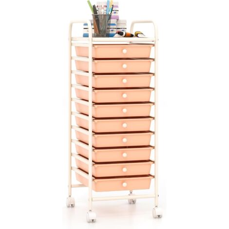 GOPLUS Desserte à Roulettes avec 10 Tiroirs Extractibles en Plastique, 37x33x86CM, Chariot de Rangement à Roulettes Verrouillables, pour Chambre, Bureau, Cuisine (Orange)