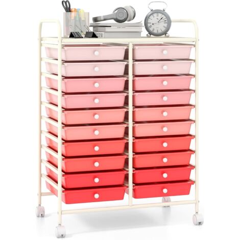 GOPLUS Desserte à Roulettes avec 20 Tiroirs Amovibles en Plastique, 63 x 38 x 89 CM, Chariot de Rangement à Roulettes Verrouillable, Cadre en Acier, Poignée Latéral, pour Chambre, Bureau (Rose)