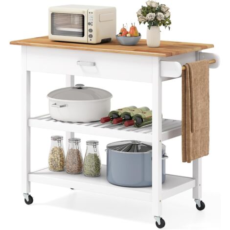 GOPLUS Desserte à Roulettes avec Freins 3 Niveaux, Desserte Cuisine avec Plan de Travail en Bois, Tiroir avec Poignée, 2 Étagères Ouvertes, Porte-serviettes Latéral, Idéal pour Salle à Manger, Cuisine