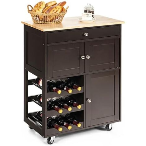 GOPLUS Desserte à roulettes avec Grand Espace de Rangement, Plan de Travail, Ilot Central Cuisine en Bois avec Casiers à Vin 3 Niveaux pour 9 Bouteilles, Tiroir et 2 Placards, 67 x 37 x 86 CM (Brun)