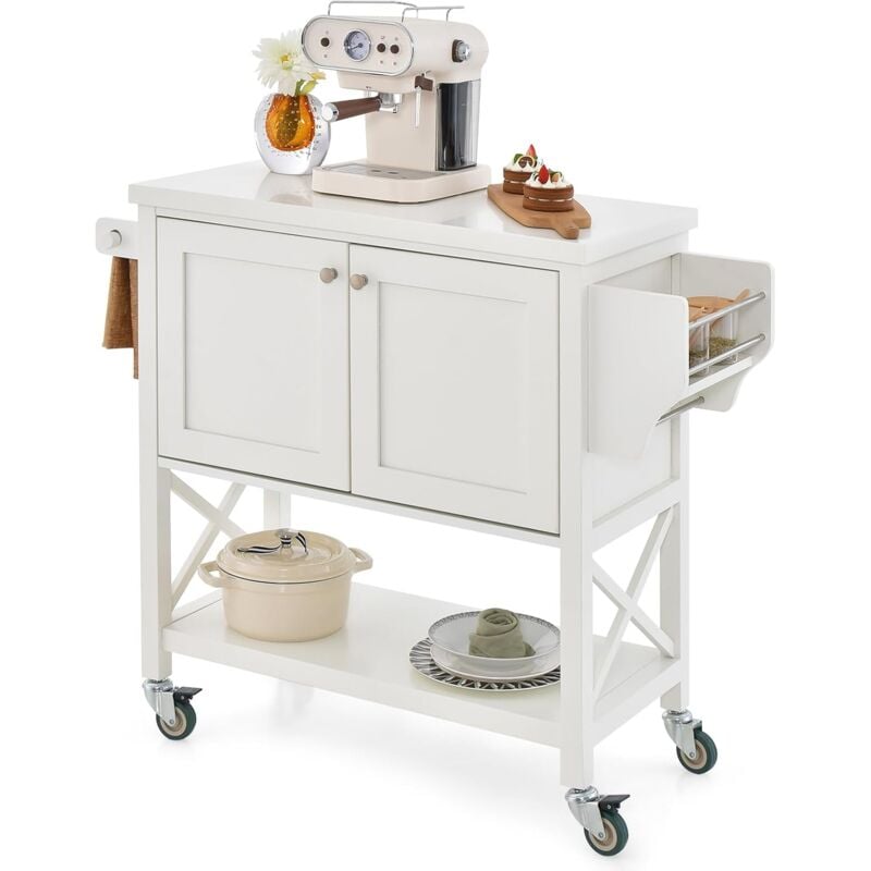 Goplus - Desserte à roulettes de Cuisine à 3 Niveaux, Chariot de Service Mobile avec Comptoir Spacieux, Double Porte et Étagère de Rangement