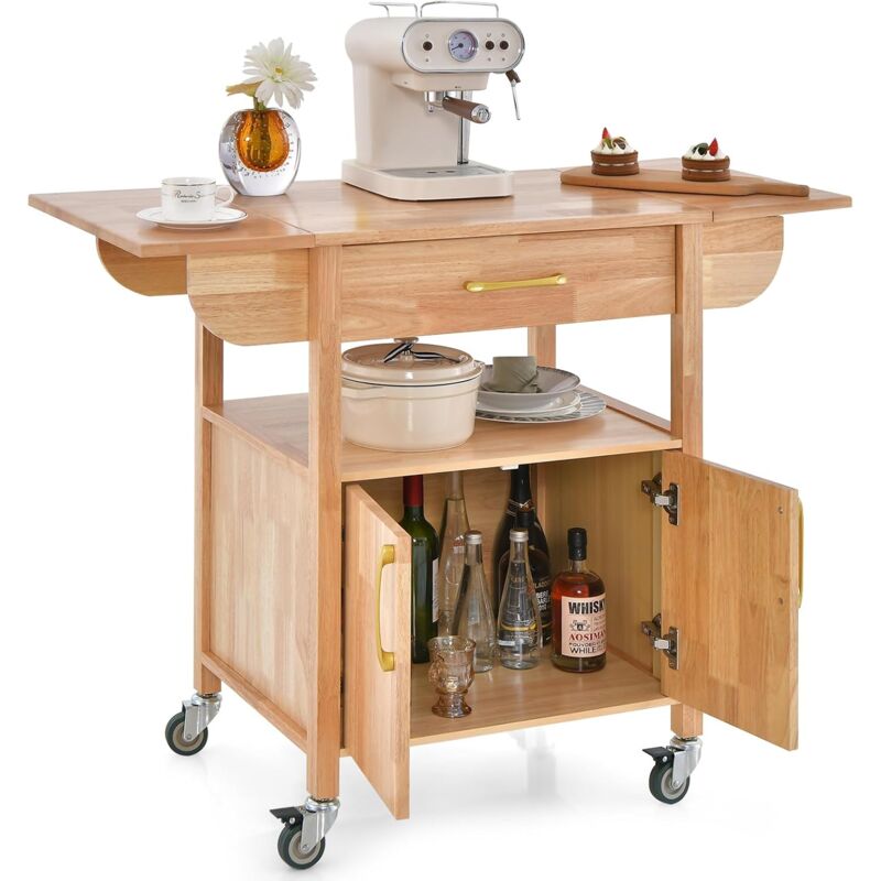 Goplus - Desserte de Cuisine à Roulettes à 3 Niveaux-Chariot de Service Mobile Double Porte et Étagère-Charge 30KG,64-114x49x88cm