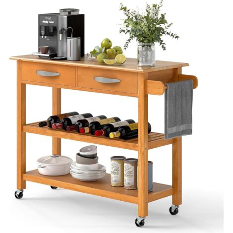 GOPLUS Desserte à Roulettes en Bois de Pin & Hévéa 116x44x89CM, Desserte Cuisine avec Plateau, 2 Tiroirs, 2 Étagères Ouvertes, Porte-Serviettes, Chariot de Rangement à Roulettes, Charge 106KG, Naturel