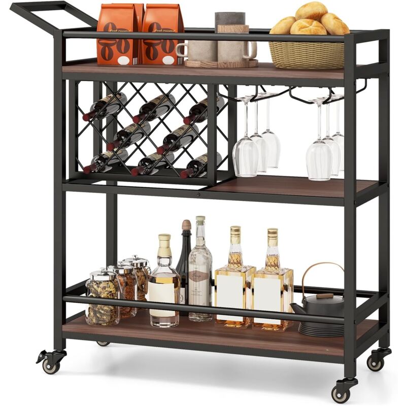 Goplus - Desserte Cuisine à 3 Niveaux 91x36x92CM Charge 90KG avec Supports à Verres à Pied-Casier à Vin-Poignée Pratique Noyer