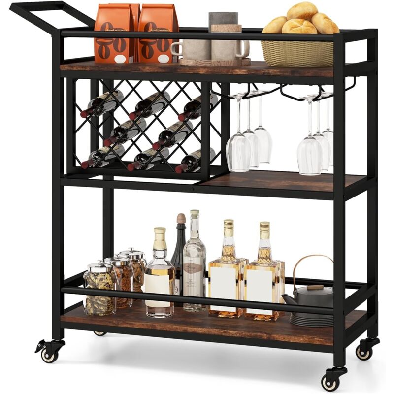 Goplus - Desserte Cuisine à 3 Niveaux 91x36x92CM Charge 90KG avec Supports à Verres à Pied-Casier à Vin-Poignée Pratique Marron