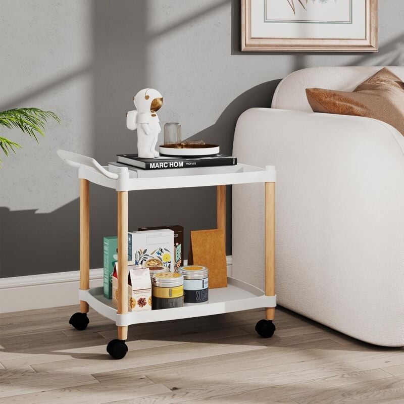 Goplus - Desserte de Bureau Roulant à 2 Niveaux avec Pieds en Bois de Hêtre-Roulettes Verrouillables-Charge 25KG-50×33,5×52,5CM