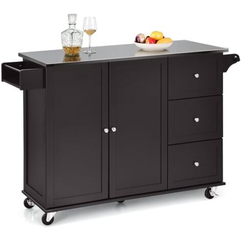 Goplus – Desserte de cuisine 135 x 45,5 x 91,5 cm – Placard à roulettes avec support à épices – Plateau en acier inoxydable – 5 roulettes pivotantes