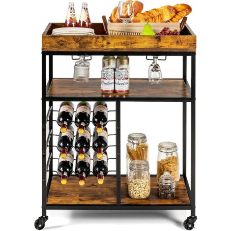 Goplus – Desserte de cuisine 71 x 45 x 93cm – Chariot de service à roulettes – 3 niveaux de rangement – Casier à vin pour 9 bouteilles