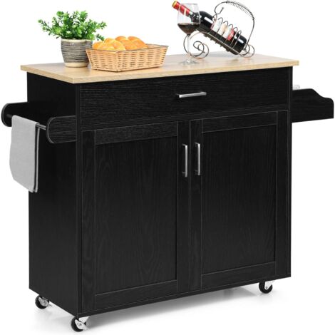 Goplus – Desserte de cuisine à roulettes 116 x 40 x 85 cm – 2 étagères et 1 tiroir en MDF – Porte-serviettes et roues freinées