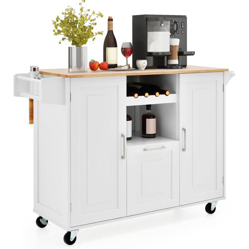 Goplus - Desserte de Cuisine à Roulettes 130x74x90CM avec Plateau Pliable-Porte-Bouteilles/2 Armoires à Portes/Poignée Blanc