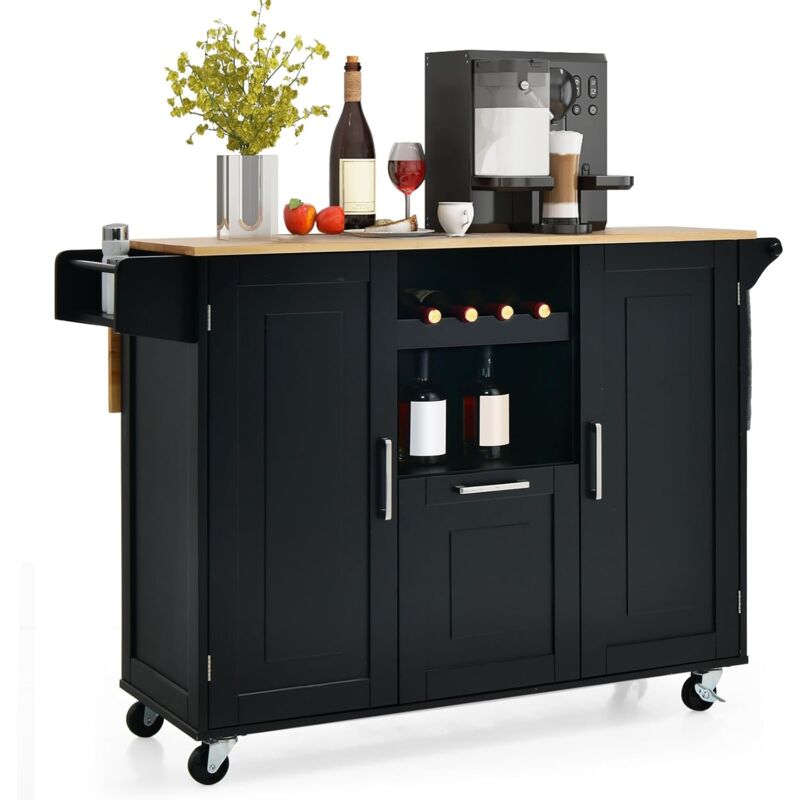 Goplus - Desserte de Cuisine à Roulettes 130x74x90CM avec Plateau Pliable-Porte-Bouteilles/2 Armoires à Portes/Poignée Noir