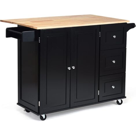 Goplus – Desserte de cuisine à roulettes 136 x 76 x 91 cm – 3 tiroirs et armoire 3 niveaux – Bois de caoutchouc et MDF – 4 roues avec freins