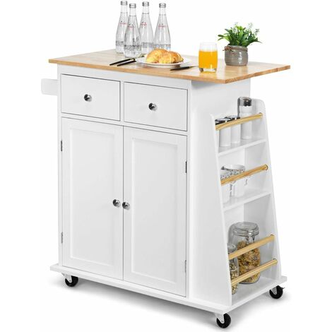 Goplus – Desserte de cuisine à roulettes en bois – 2 tiroirs et placard – Support à épices 3 niveaux – Dimensions 88 x 45 x 89,5 cm – Blanc