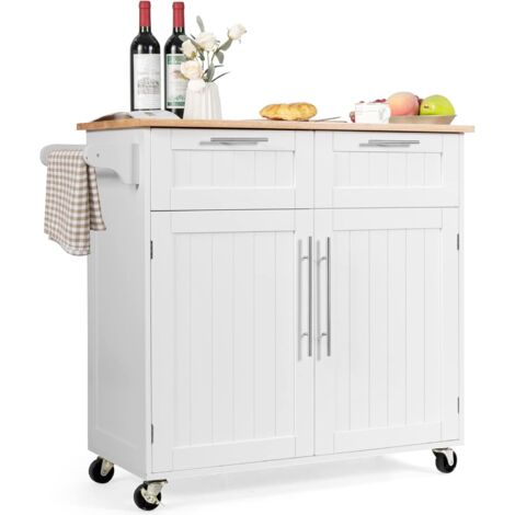 Goplus – Desserte de cuisine à roulettes en bois – 3 niveaux réglables – 2 tiroirs – Porte-serviettes – Dimensions 94 x 45 x 94,5 cm – Blanc