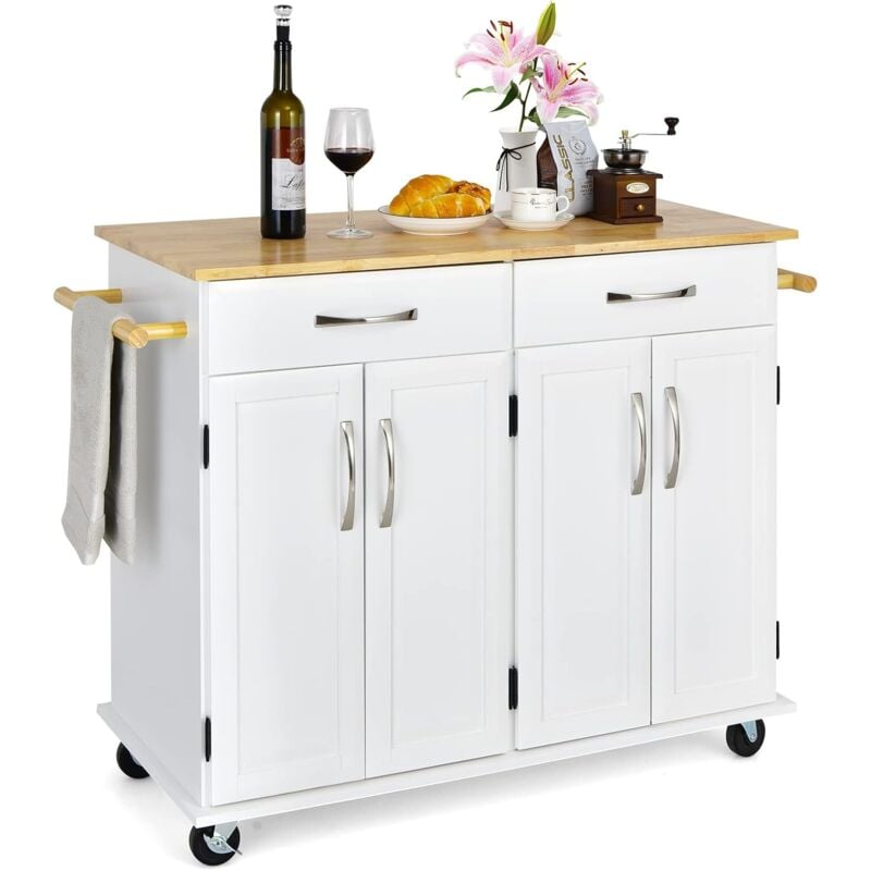 GOPLUS Desserte de Cuisine à Roulettes Verrouillables-2 Tiroirs,2 Porte-Serviettes,2 Armoires à Double Porte-Comptoir en Bois,Blanc