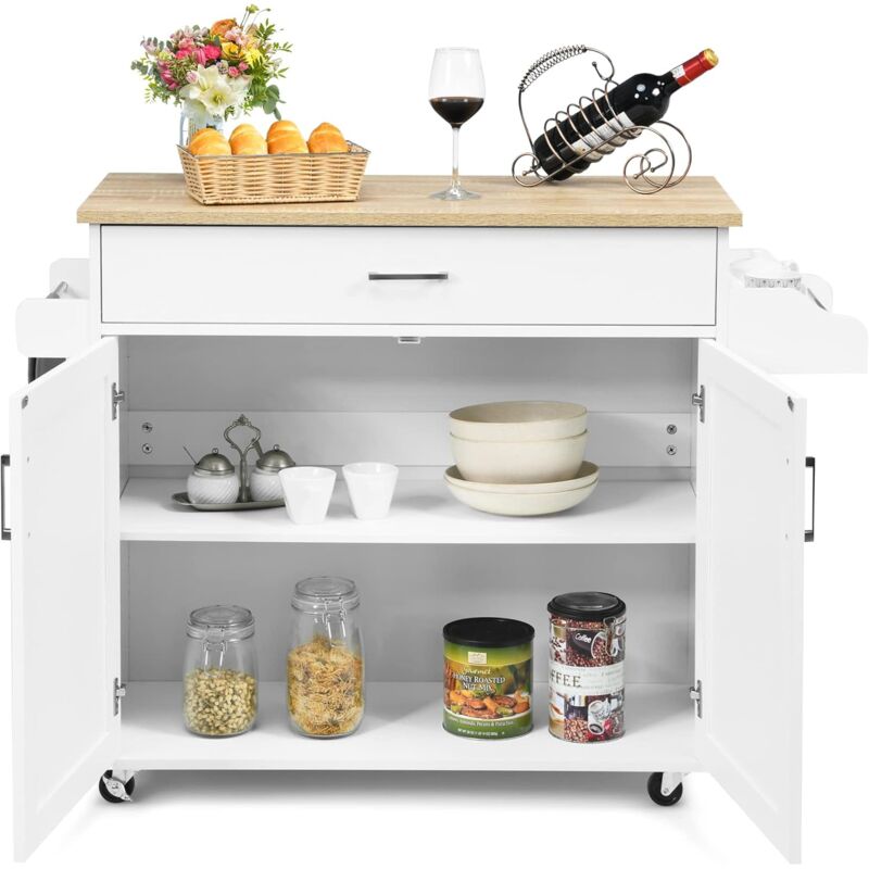 Goplus - Desserte de Cuisine a roulettes avec 2 Etagere et 1 tiroirs, Chariot de Rangemant en Bois avec Porte-Serviettes pour Cuisine et Salon, 116 x