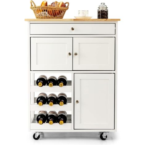 Goplus – Desserte de cuisine sur roulettes 67x37x86,5 cm – MDF et bois d'hévéa – 3 niveaux pour 9 bouteilles – 1 tiroir large et 2 compartiments