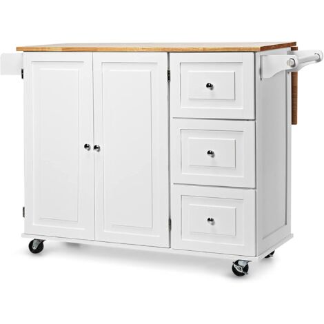 Goplus – Desserte de cuisine sur roulettes – Armoire 3 niveaux et 3 tiroirs – 2 planches réglables – Plateau pliable – Bois de caoutchouc – Blanc – 136 x 76 x 91 cm