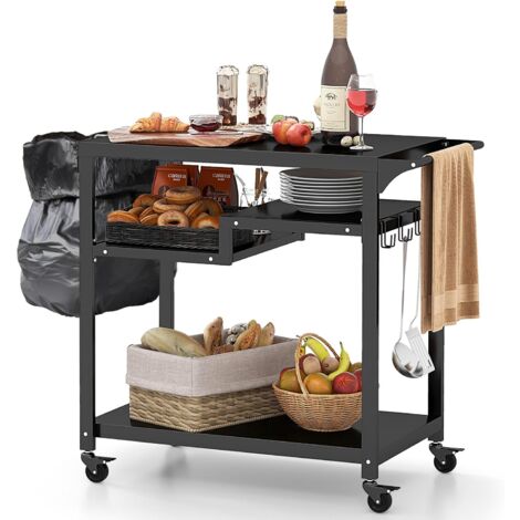 Goplus – Desserte de jardin chariot de barbecue avec 4 roues verrouillables – Métal noir – 111x50,5x93 cm – 4 crochets amovibles et étagères