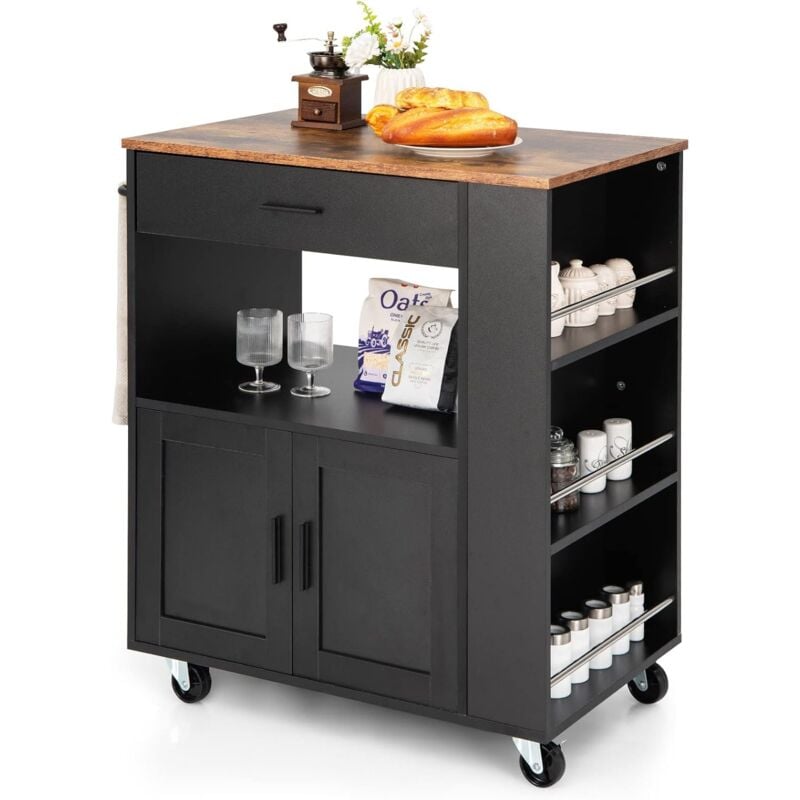 Goplus - Desserte Îlot de Cuisine Desserte à roulettes Chariot de Cuisine en Bois avec Placard, Tiroir et étagère Ouverte, Support à épices 3