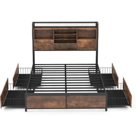 GOPLUS Doppelbett mit Kopfteil & Ladefunktion, Metallbett mit 4 Schubladen, Stauraumbett mit Lattenrost aus Holz, Jugendbett, Industriell, Ohne Matratze (ohne LED-Beleuchtung, 140 × 200 cm)