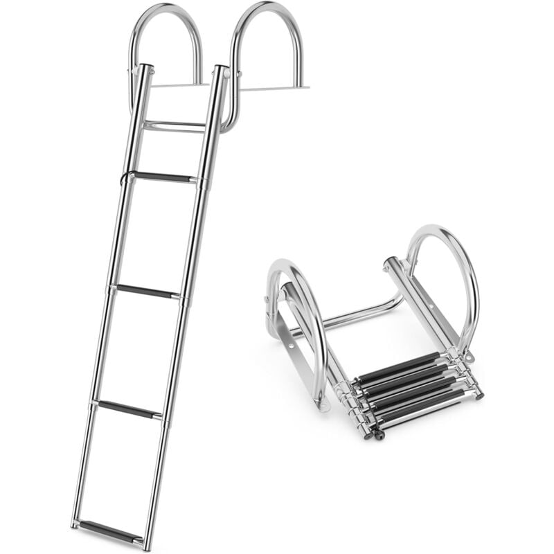 GOPLUS Échelle de Piscine Ponton À 4 Marches, Échelle de Bateau Pliante avec Rampes Courbées, Pédales Antidérapantes, Charge 227KG
