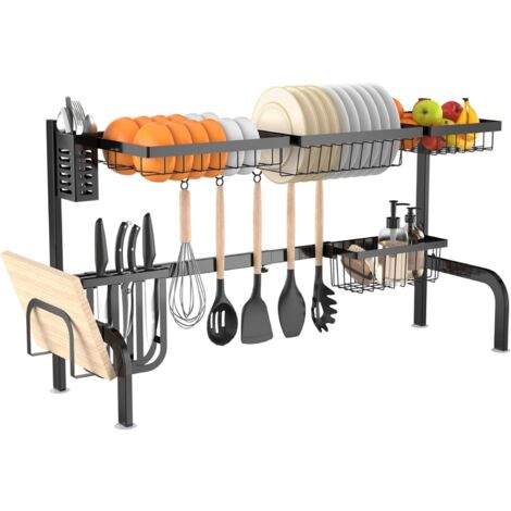 Goplus – Égouttoir à vaisselle 2 étages en acier inoxydable – Longueur réglable 58-98,5 cm – Ventouses antidérapantes – Rangement avec 8 accessoires