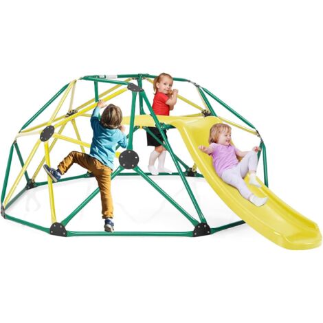 GOPLUS Ensemble 2 en 1 de Dôme d'escalade et Toboggan, Échelle à Grimper Géométrique en Métal Stable avec Charge 150KG, Aire de Jeux Extérieure et Intérieure pour Enfants 3+ Ans (Vert+Jaune)