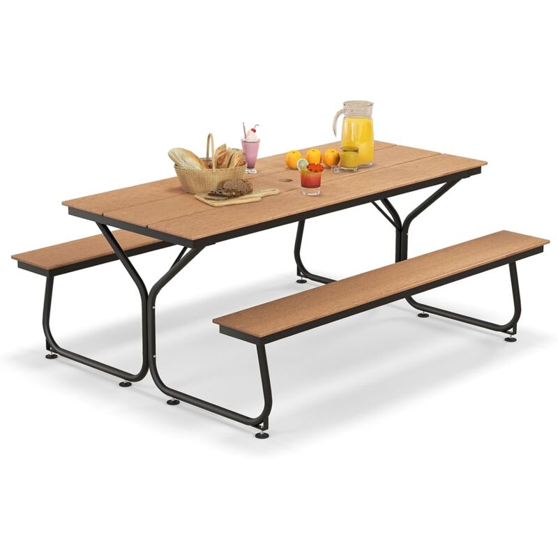 GOPLUS Ensemble Banc et Table de Pique-Nique pour 6 à 8 Personnes, 183CM Table Chaise Camping Exterieur en Métal avec Plateau en HDPE,Trou pour