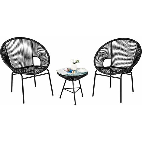 GOPLUS Ensemble Bistro de Jardin 3 Pieces, Ensemble Bistro 3 Pcs avec Table et 2 Chaises,Ensemble Bistro de Patio Exterieur Toutes Saisons 3 Pieces avec Dessus en Verre et 2 Chaises (Noir)