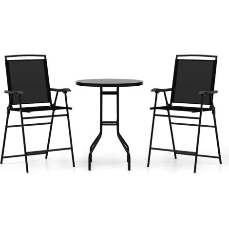 GOPLUS Ensemble Bistrot de Jardin 3 Pièces, Table de Bar avec 2 Chaises Pliantes, Trou pour Parasol, Cadre en Métal, Ensemble Salon de Jardin Extérieur pour Patio Cour, Balcon, Porche, Noir