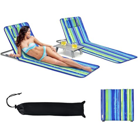 GOPLUS Ensemble de 2 Chaises de Plage a 5 Positions et Table Basse, 2 Chaises de Plage avec Appuie-tetes, Table d’Appoint Portable, Conception Pliable, Peu Encombrants, Tapis Bain de Soleil