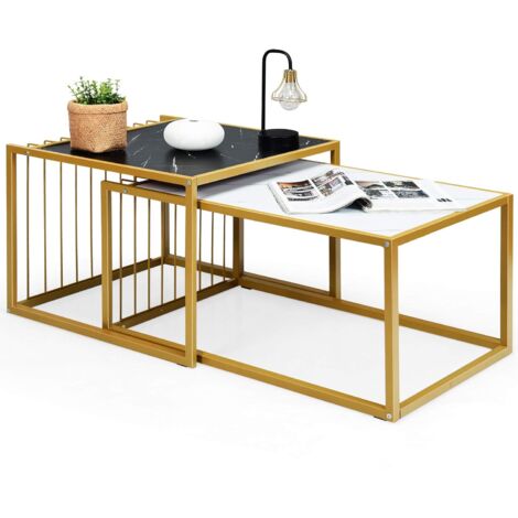 GOPLUS Ensemble de 2 Tables Basses Gigognes Empilables avec Surface de Texture en Marbre et Cadre en Métal, Table Basse Rectangulaire Dessus en Bois, Style Moderne, pour Salon, Bureau