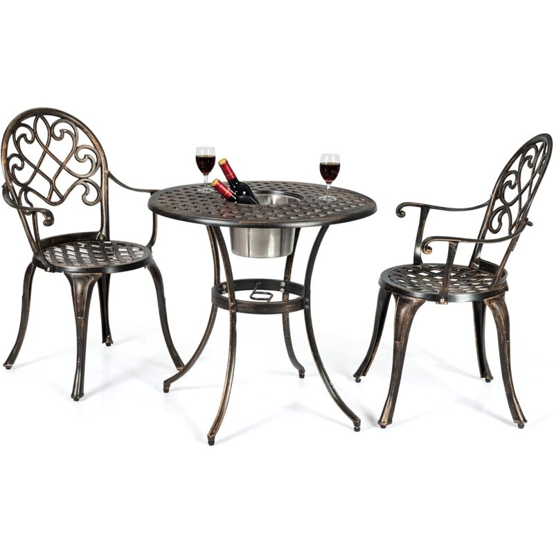 Ensemble de Bistrot 3 Pièces en Fonte d'Aluminium, Table Ronde avec Seau à Glace Amovible & 2 Chaises, 69 x 69 x 68cm - Goplus