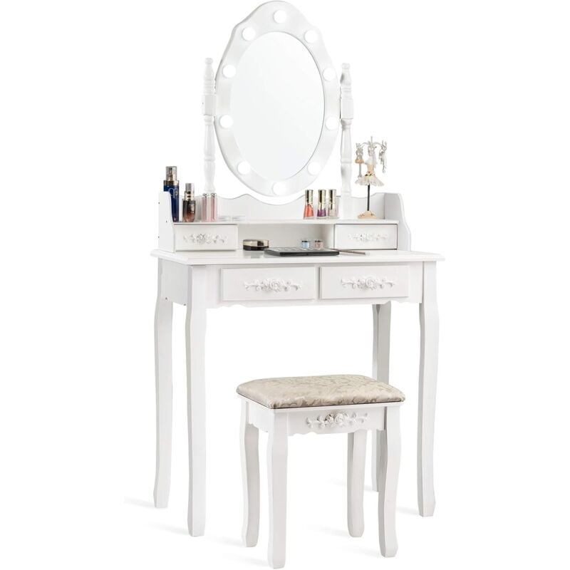 Goplus - Coiffeuse avec Tabouret et Miroir Rotatif Amovible-10 Lumières LED-Table de Maquillage 2 en 1 avec 4 Tiroirs et étagère de Rangement-75 x 40