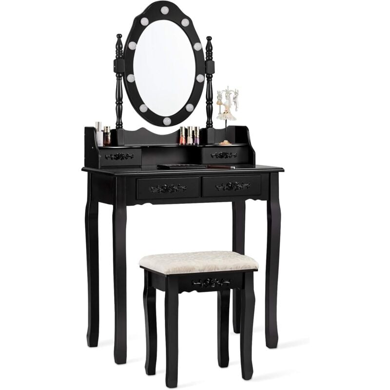 Goplus - Coiffeuse avec Tabouret et Miroir Rotatif Amovible-10 Lumières LED-Table de Maquillage 2 en 1 avec 4 Tiroirs et étagère de Rangement-75 x 40