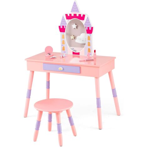 GOPLUS Ensemble de Coiffeuse pour Enfants avec Miroir Amovible, Table de Maquillage avec Tabouret, Coiffeuse pour Fille avec Accessoires Abondants, pour Enfants de 3 Ans Plus