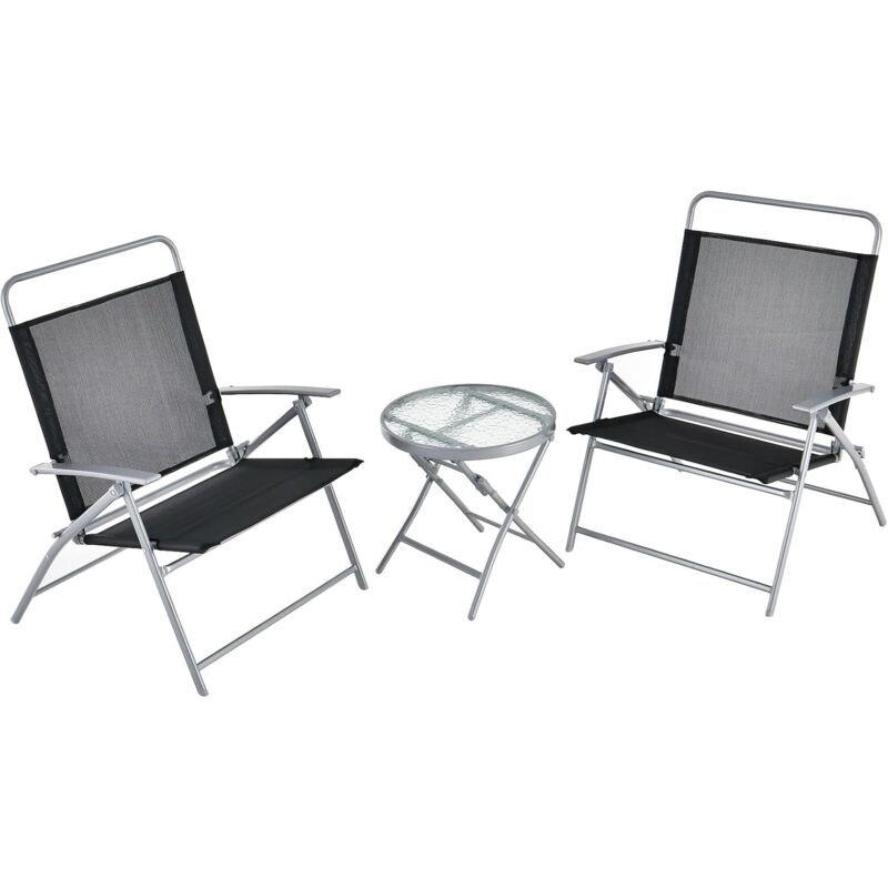 3 PCs Salon de Jardin Pliable-2 Chaises en Textilène&1 Table Basse en Verre Trempé-Cadre Métallique-pour Jardin/Terrasse Noir - Goplus