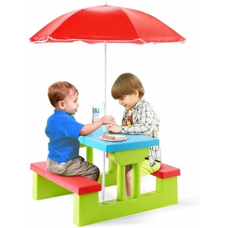 GOPLUS Ensemble de Jardin pour Enfant, Ensemble Table de Pique-Nique et Banc avec Parasol d�� Activit�� Ext��rieur, Jeu de Plein Air,Multicolore (Bleu+Rrouge+Vert)