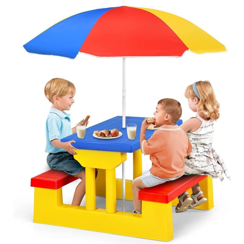 GOPLUS Ensemble de Jardin pour Enfant, Ensemble Table de Pique-Nique et Banc avec Parasol d’ Activite Exterieur, Jeu de Plein Air,Multicolore