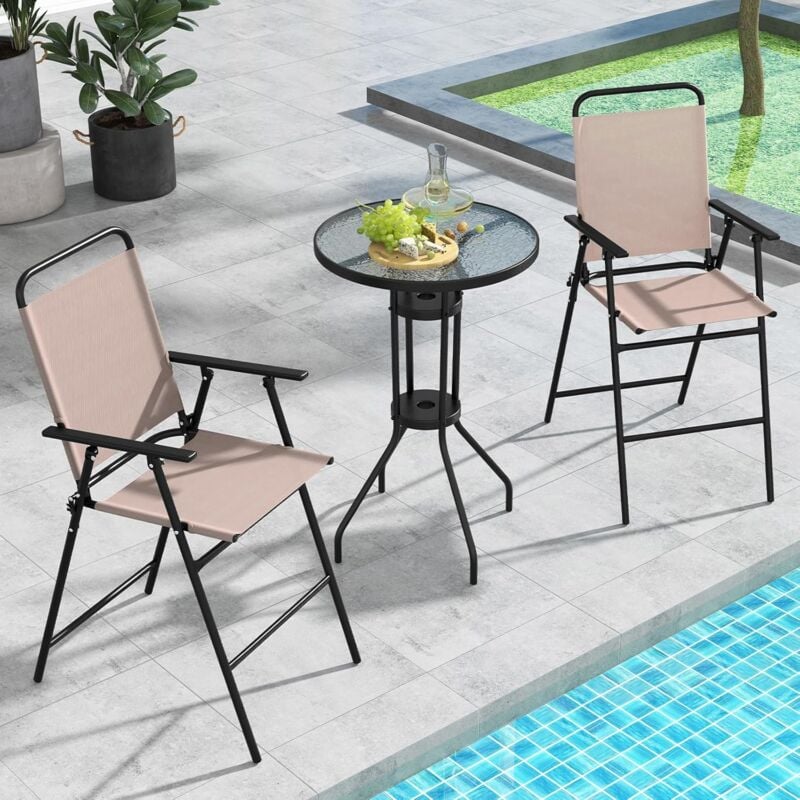 Salon de Jardin 3 Pièces-Table Jardin Ronde avec 2 Chaises Pliantes-Plateau en Verre Trempé avec Belles Textures-Charge 150KG - Goplus