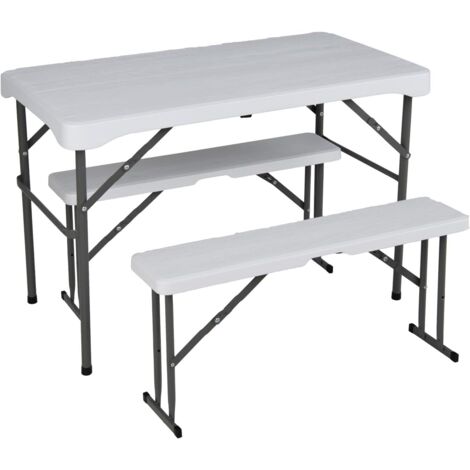 GOPLUS Ensemble de Table de Bière 3 Pièces Pliante de Bière avec 2 Bancs, Ensemble de Table de Camping en Plastique, Portable pour Camping, Pique-Nique, Intérieur, Blanc